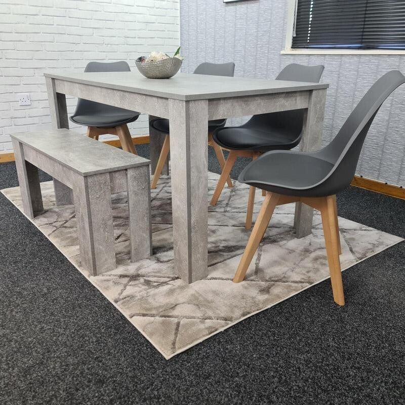 Stone Grey Dining Table Set with 4 Grey Chairs & Bench, 6 Seater Kitchen