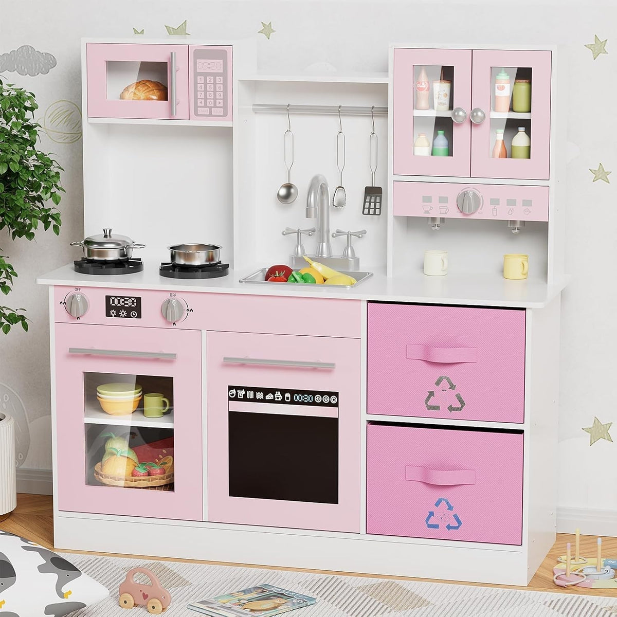 Kids Wooden Play Kitchen Set w/ Lights Sounds Microwave Sink Pink