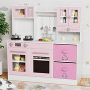 Kids Wooden Play Kitchen Set w/ Lights Sounds Microwave Sink Pink