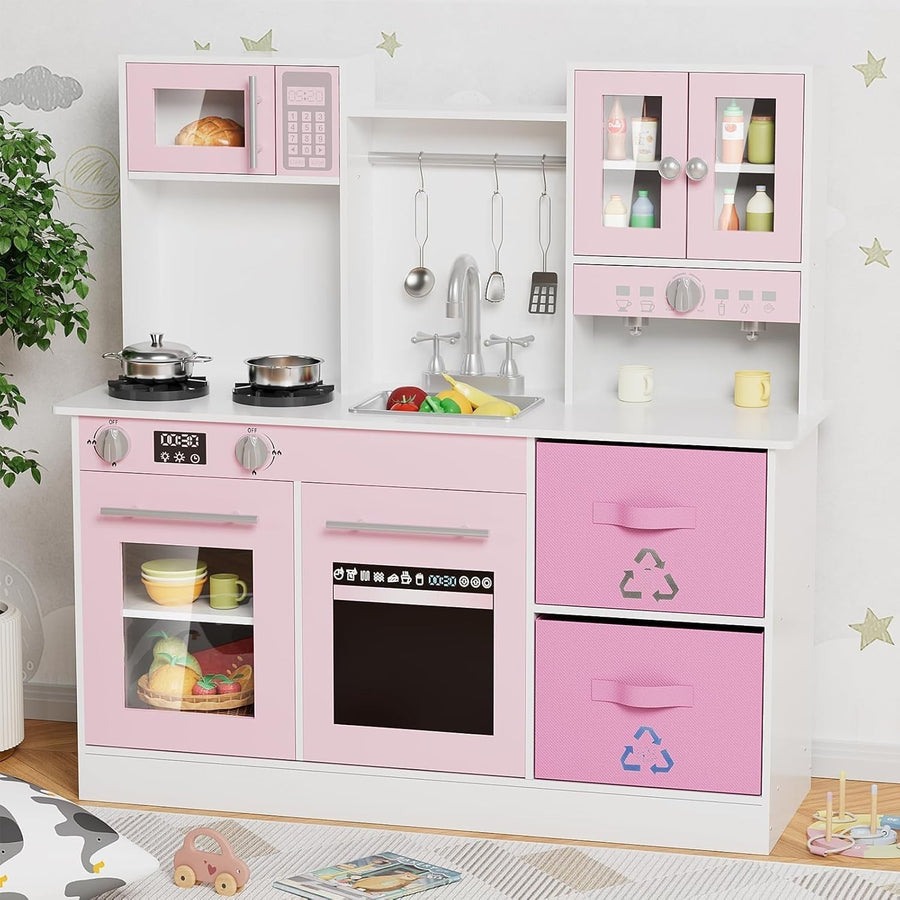 Kids Wooden Play Kitchen Set w/ Lights Sounds Microwave Sink Pink