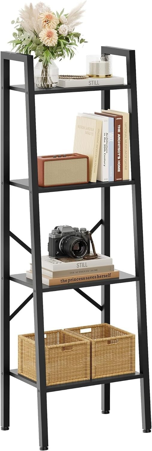 Industrial Ladder Bookshelf 4 Tier Tall Narrow Storage Shelf Metal Frame