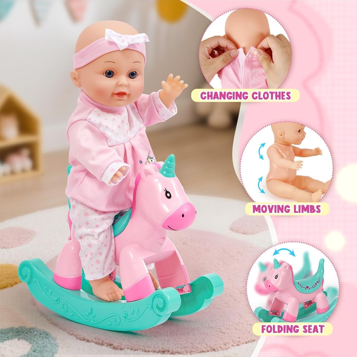 Baby Doll Playset w Stroller Rocking Horse Clothes Feeding Accessories