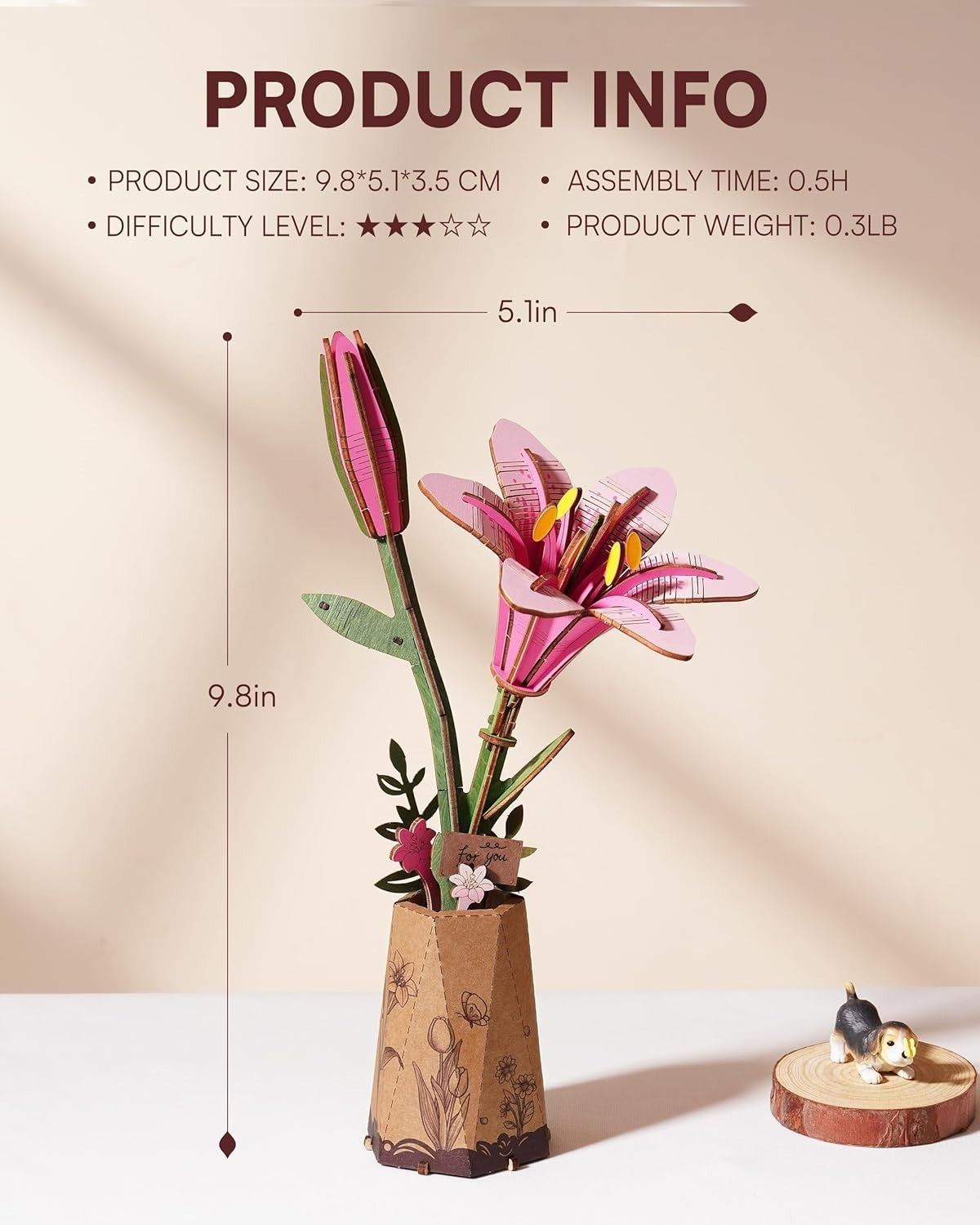 3D Wooden Flower Puzzle Kit Pink Lily – DIY Craft Gift for Home Décor