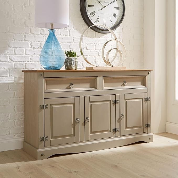 Grey Solid Pine Sideboard Cabinet with 3 Doors & 2 Drawers, Rustic Storage Unit