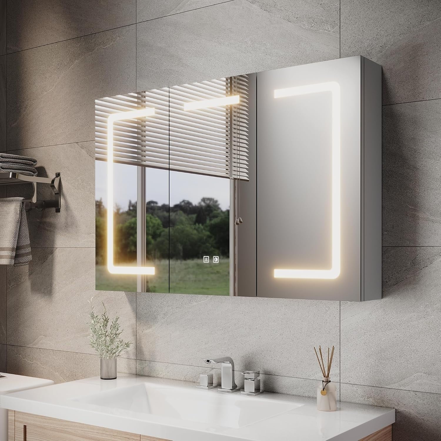 LED Bathroom Mirror Cabinet Triple Door with Anti-Fog, Shaver Socket