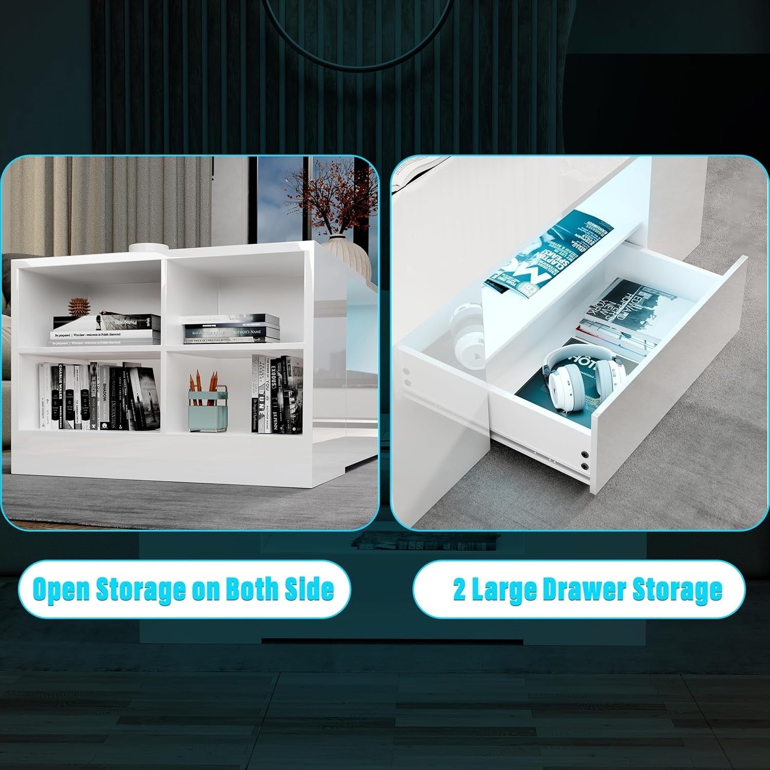 Blisswood LED Coffee Table with 2 Drawers, High Gloss Grey & RGB Lights