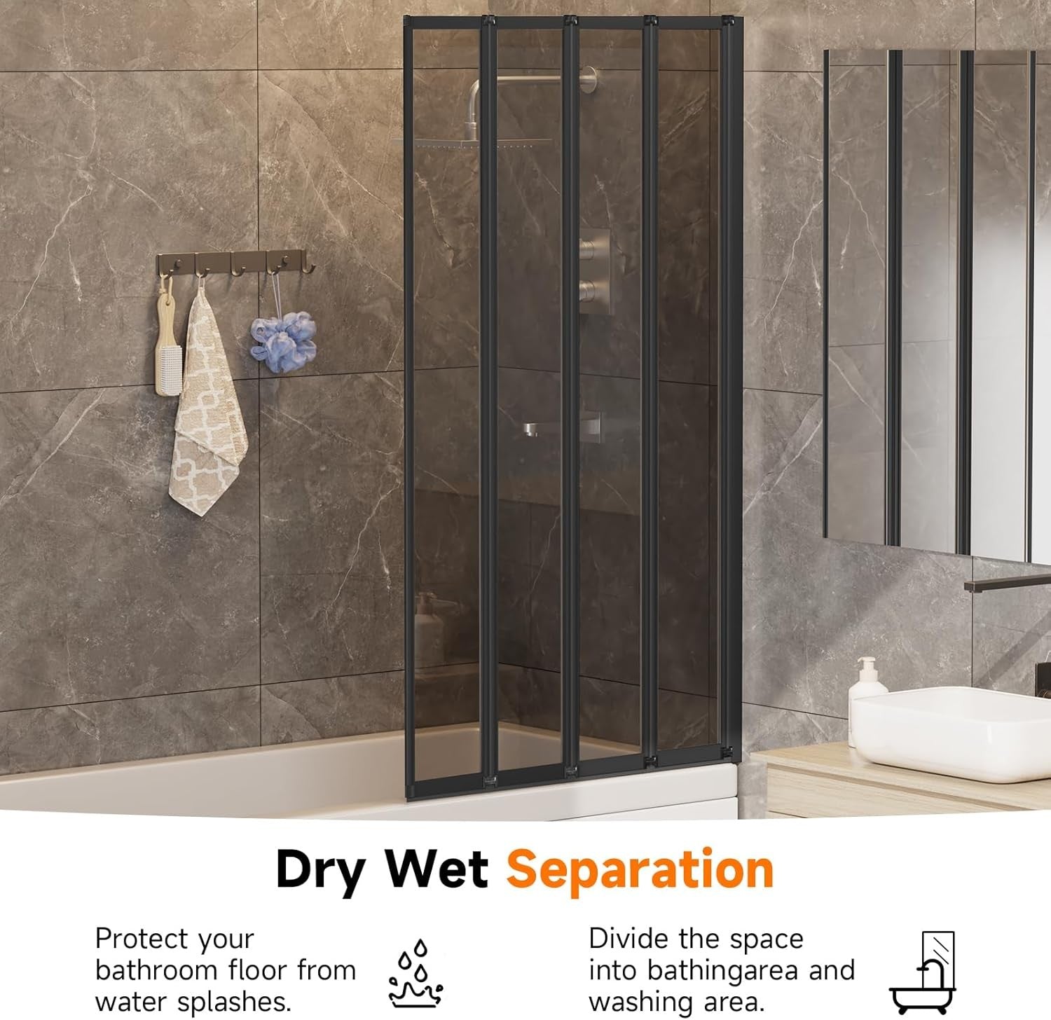 Black 5 Panel Folding Shower Screen 1200x1400mm Tempered Glass Bath Screen