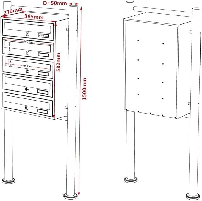 Freestanding Black Pillar Letterbox System 5 Doors Lockable Steel Post