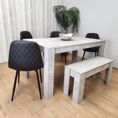 6 Seater Dining Table Set with Bench Grey Stone Effect Wood & Black Chairs
