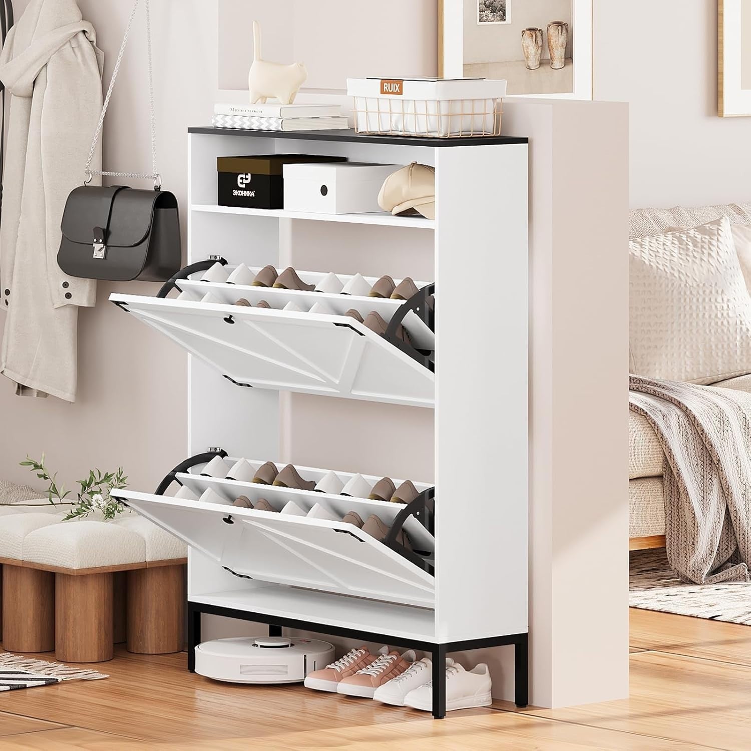 3 Tier Shoe Storage Cabinet with 2 Flip Doors & Open Shelf – 80x24x114cm