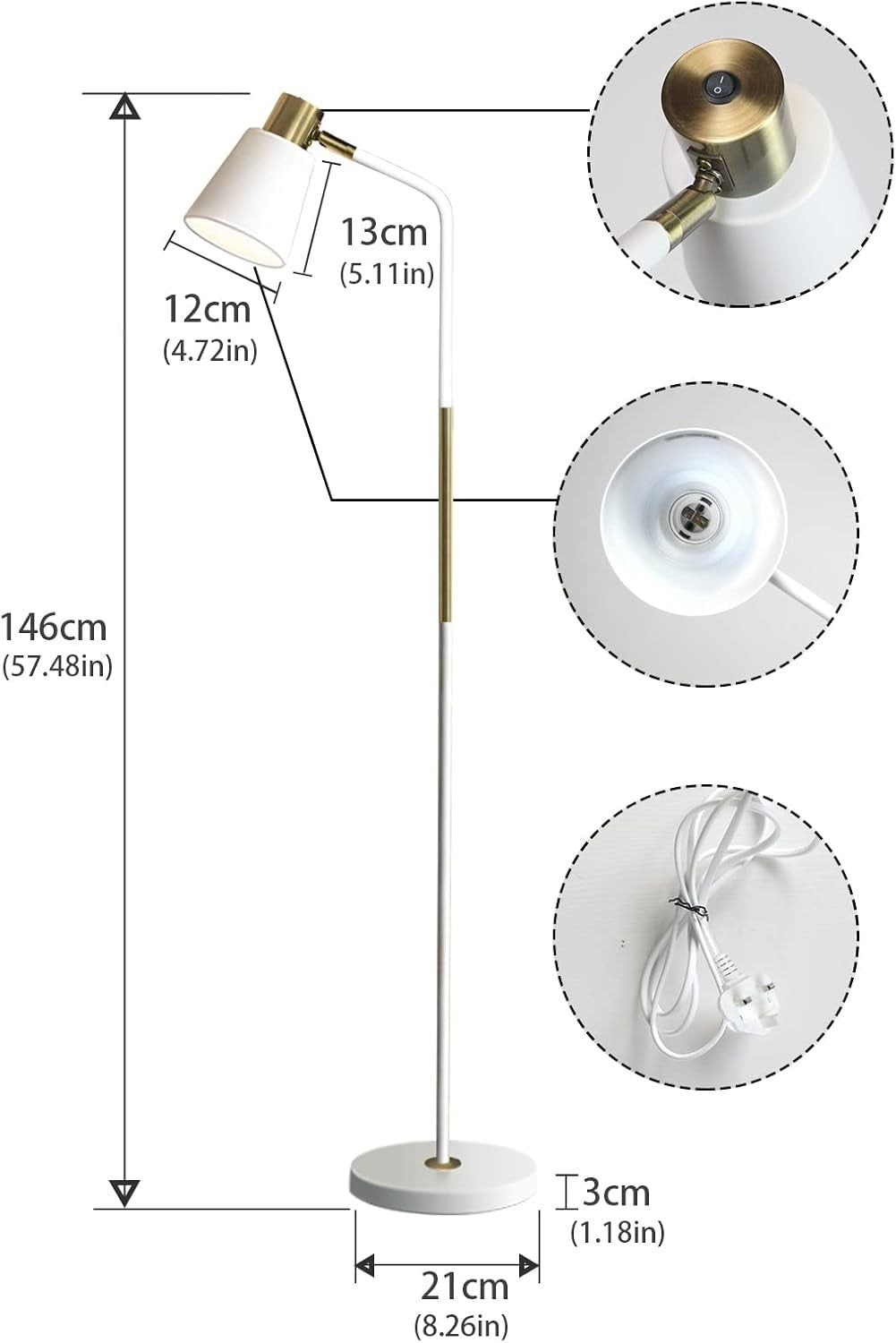 Industrial Floor Lamp Adjustable Metal Head Standing Reading Light White
