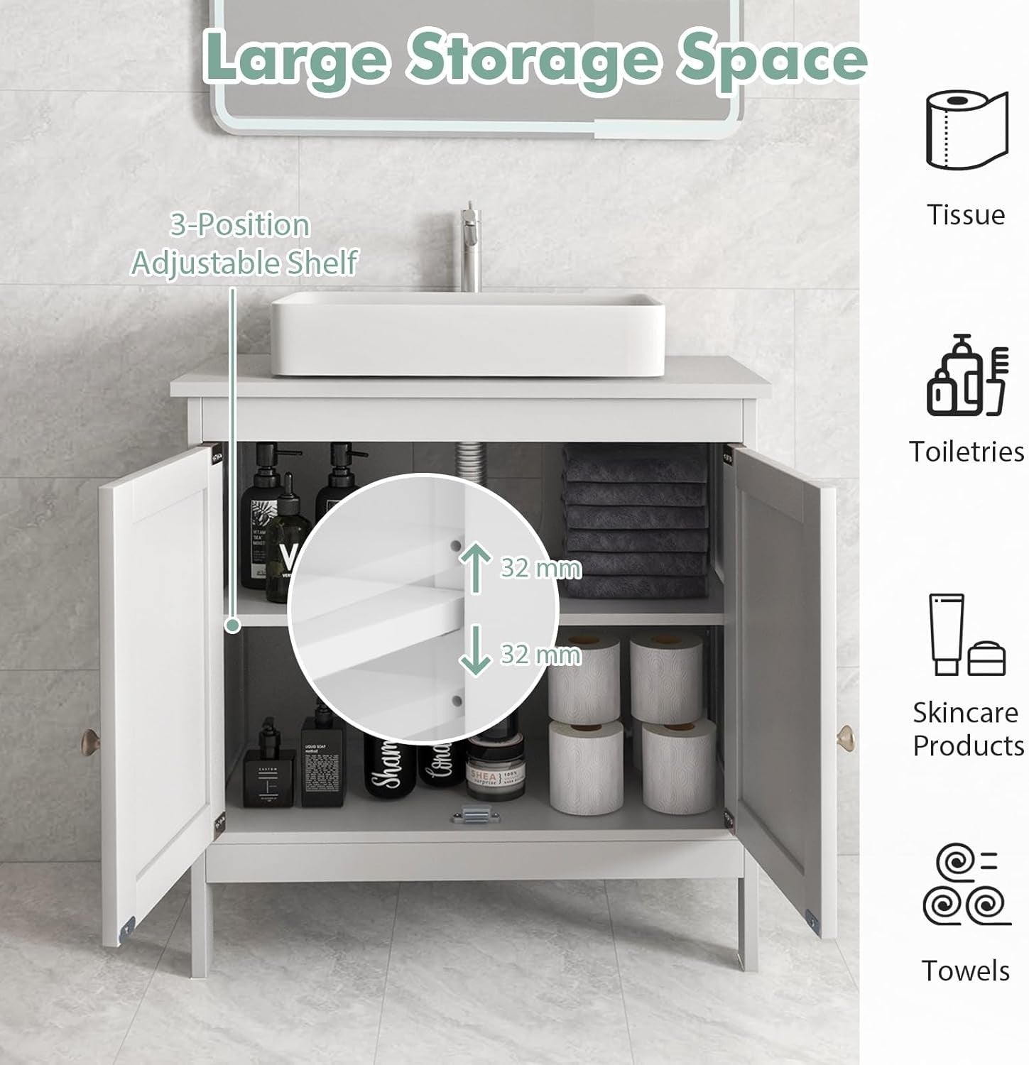 Under Sink Bathroom Cabinet 2 Door Storage Cupboard 60x30x62cm White