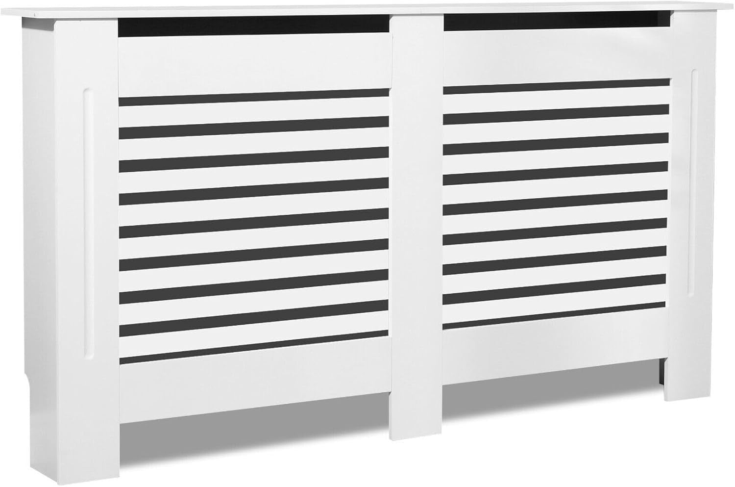 White Radiator Cover Large 152cm Modern MDF Slatted Design Cabinet with Shelf