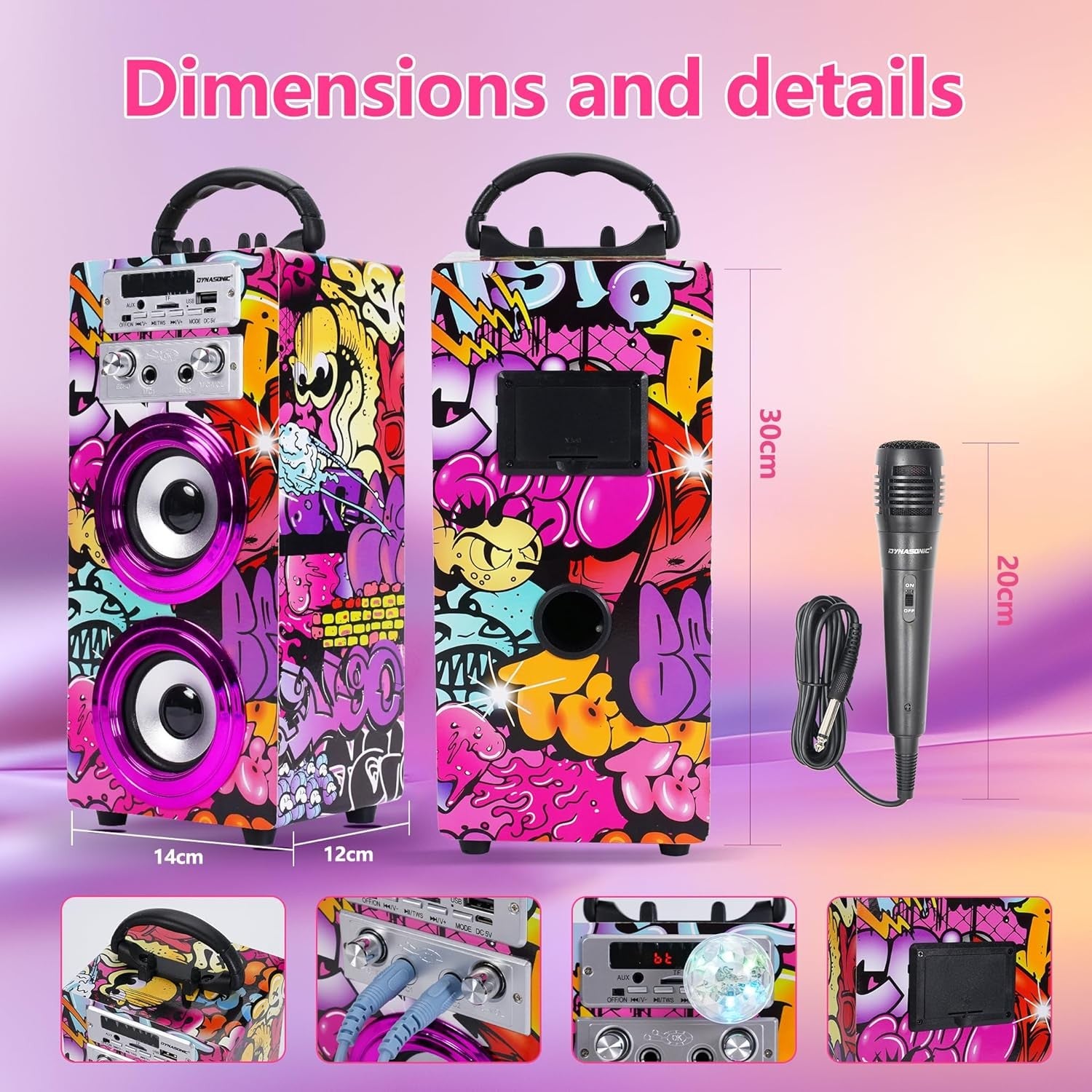 DYNASONIC Karaoke Machine Bluetooth 2 Lights Kids Teens