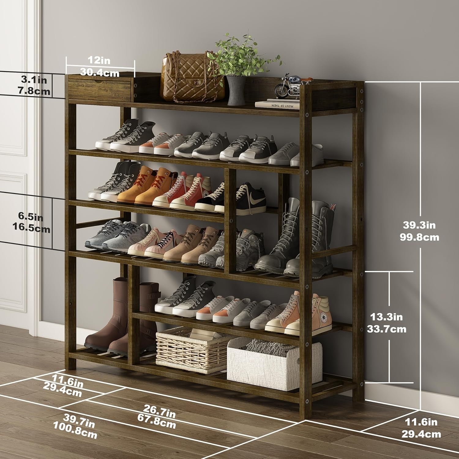 6 Tier Bamboo Shoe Rack Storage Shelf – Tall Tea Brown Entryway Unit