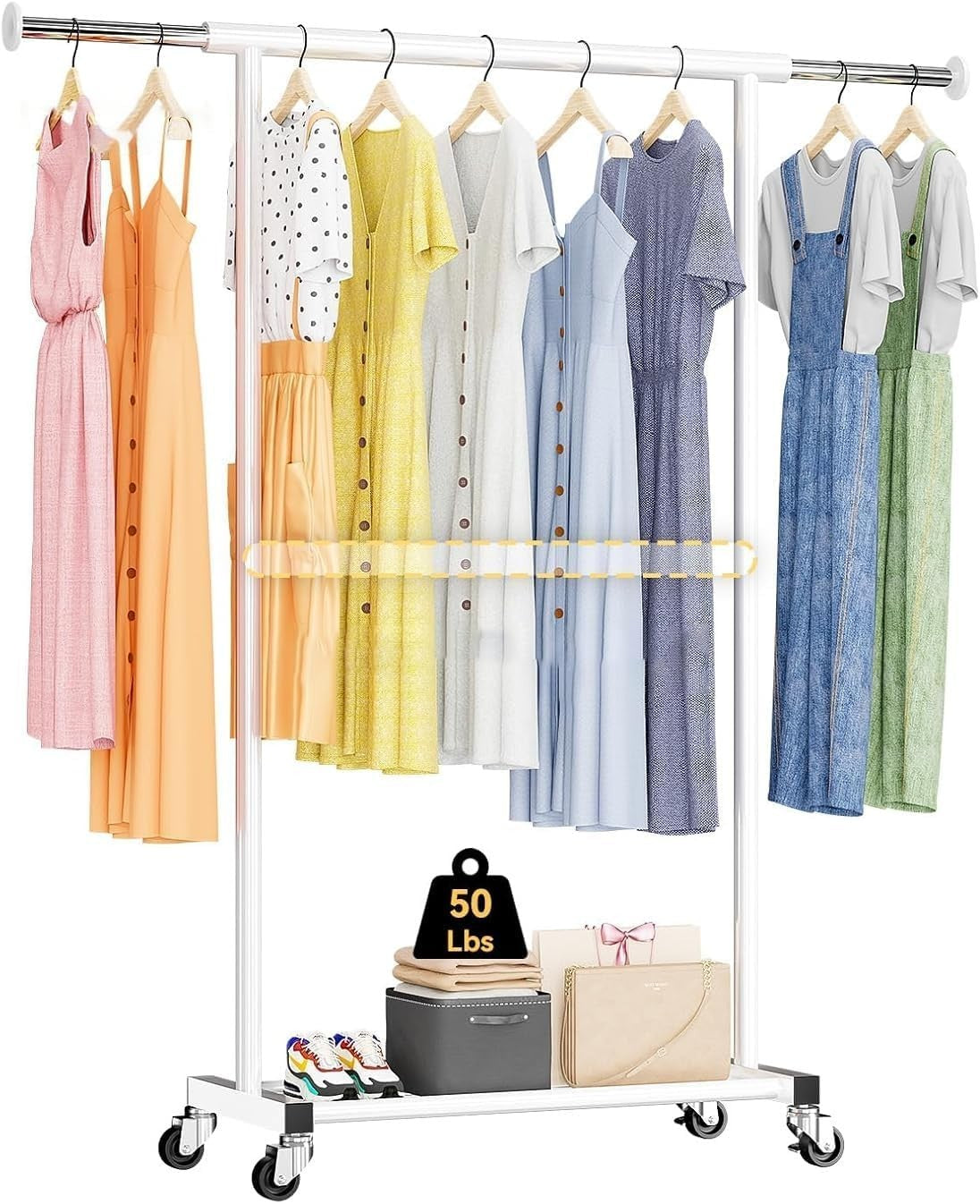 White Metal Garment Rack with Wheels & Bottom Shelves