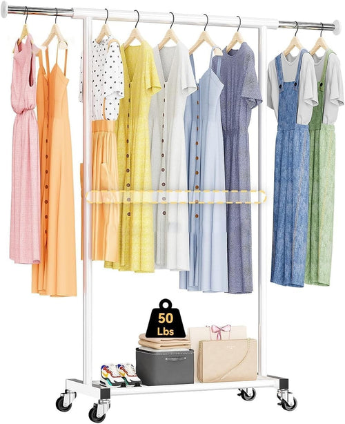 White Metal Garment Rack with Wheels & Bottom Shelves