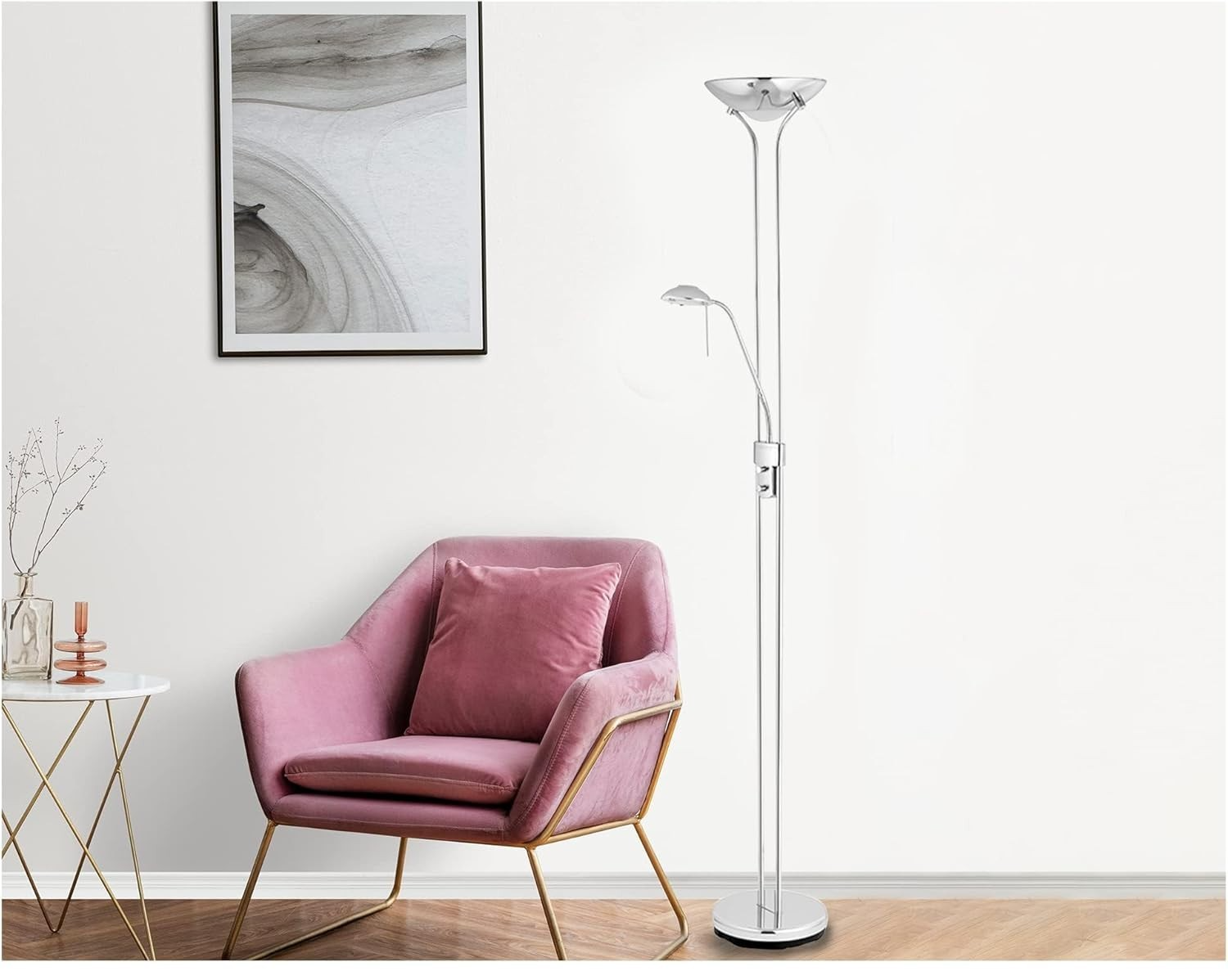 Chrome Dimmable Floor Lamp with Reading Arm 180cm Tall Uplighter Light