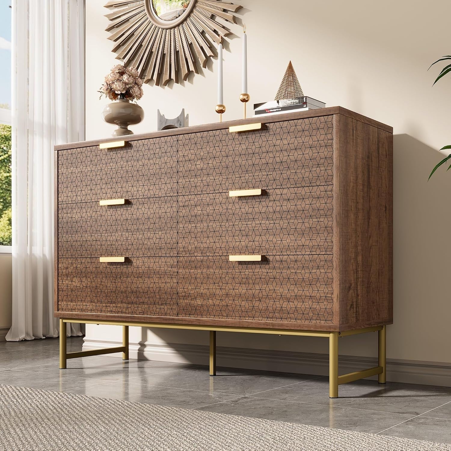 Rustic Walnut Sideboard Cabinet with 6 Drawers, Metal Handles, Vintage Style