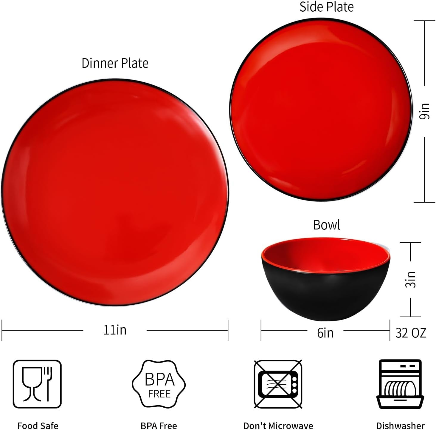 12pc Melamine Dinnerware Set Plates Bowls Black Red Non Breakable