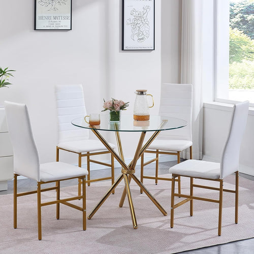 Glass Dining Table Set for 4 Gold Legs Modern Kitchen Small Space 90cm