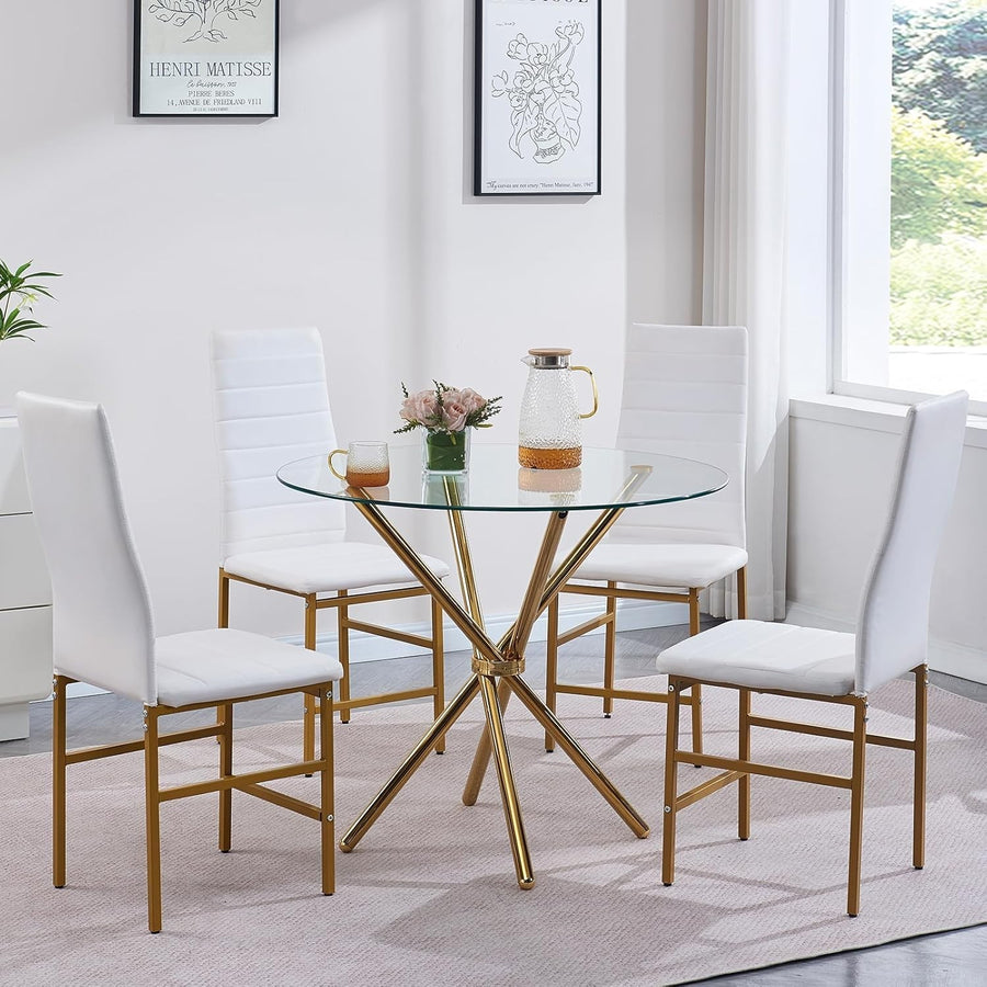 Glass Dining Table Set for 4 Gold Legs Modern Kitchen Small Space 90cm