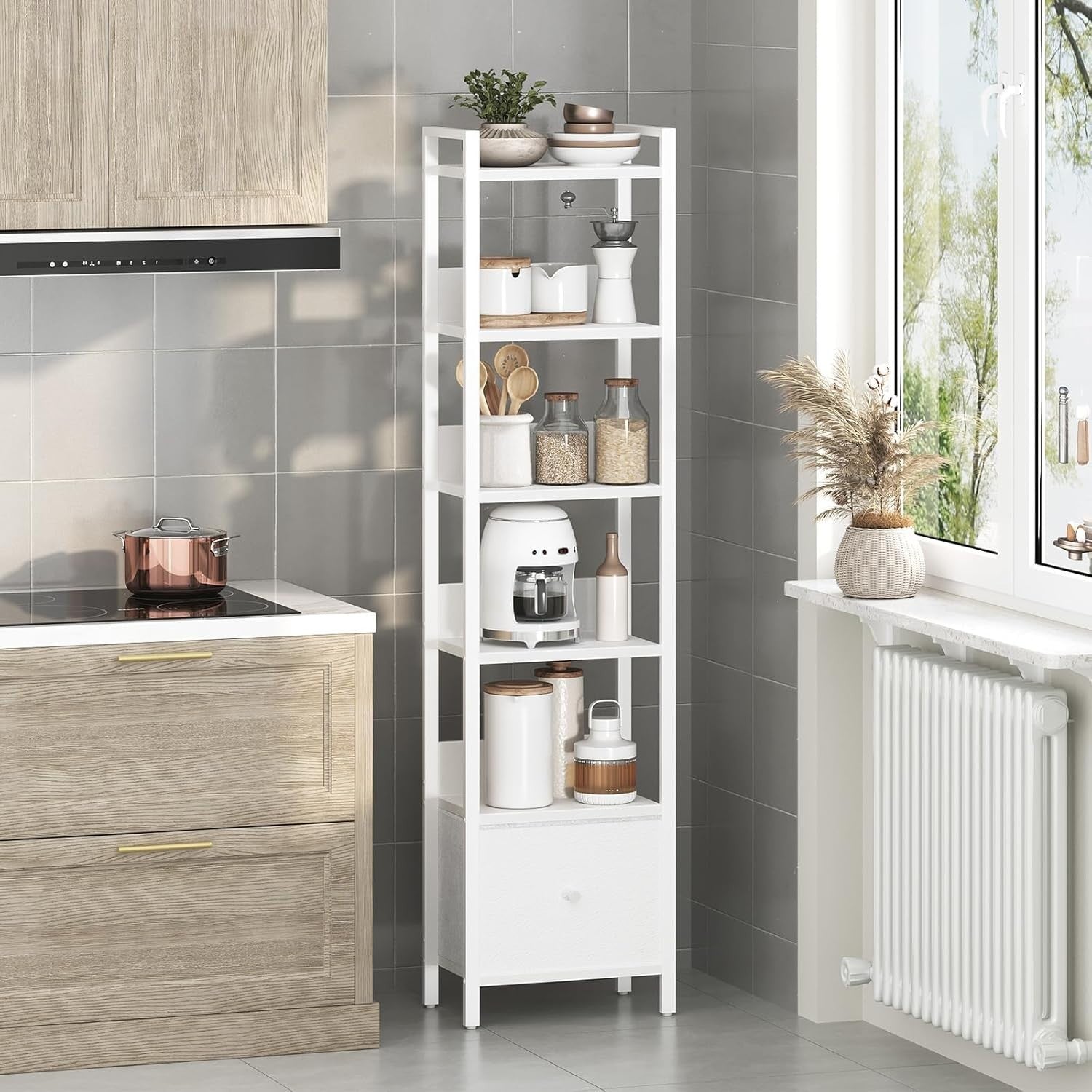 6 Tier Slim Bookshelf with Drawer Metal Frame Storage Rack for Small Spaces