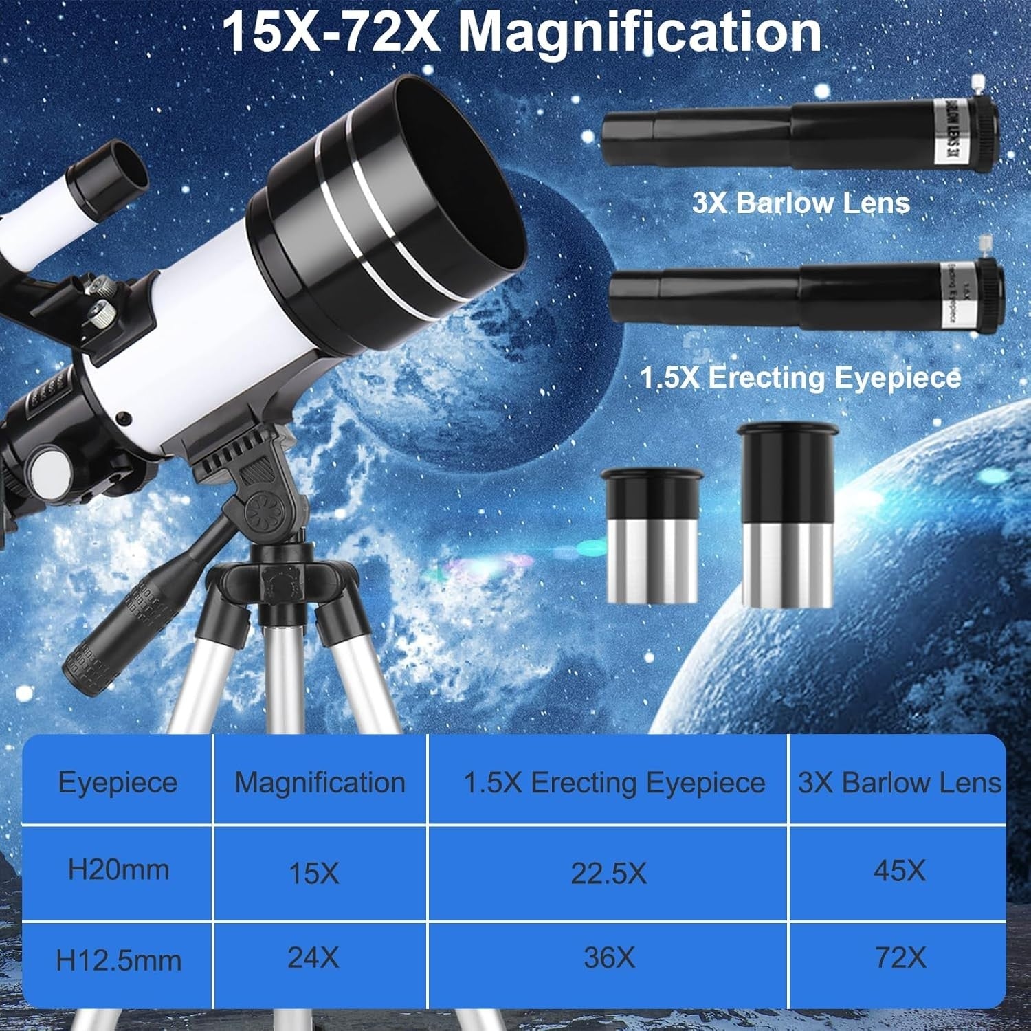70mm Refractor Telescope 300mm for Kids & Adults, White with Tripod