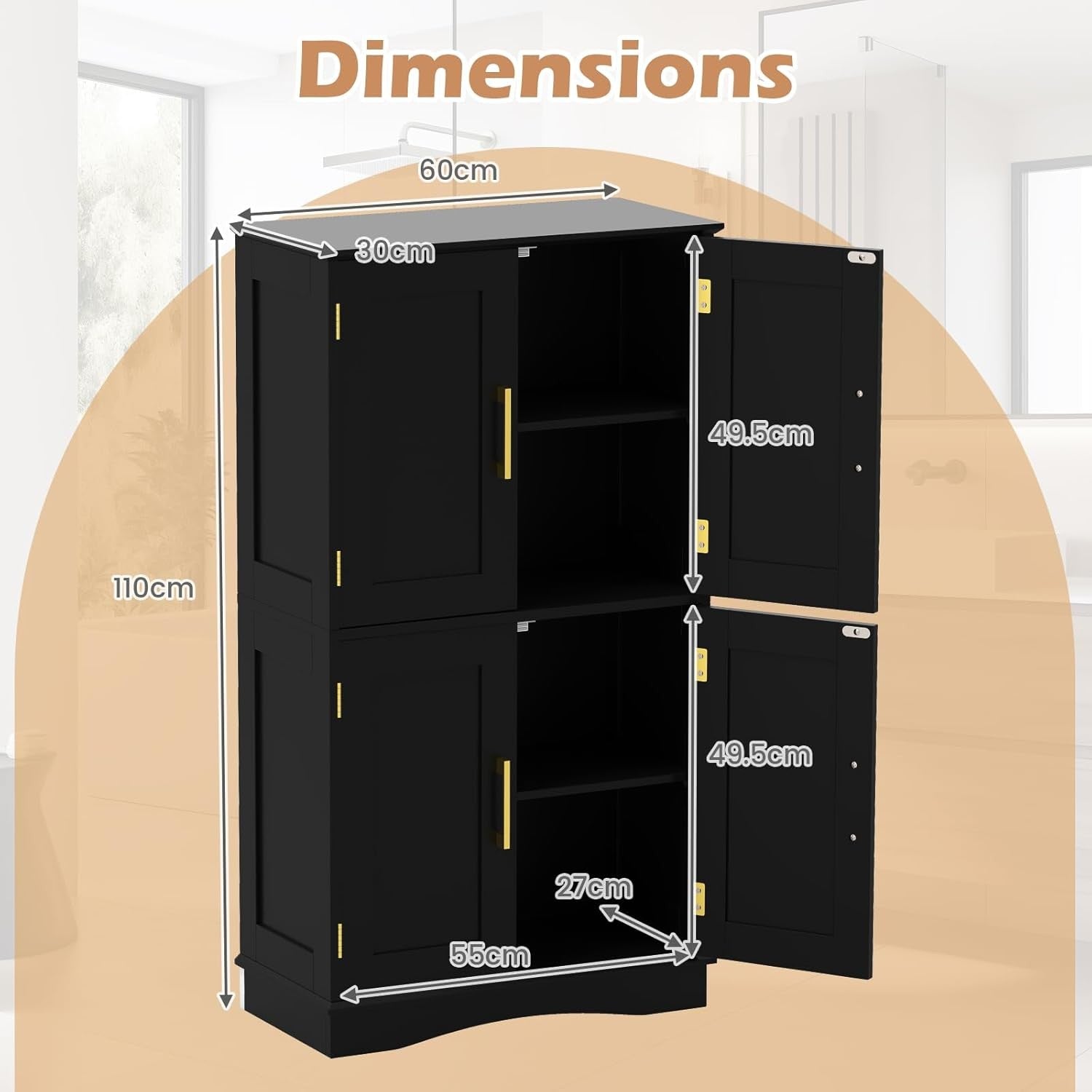 Black 4 Door Storage Cabinet Freestanding Cupboard with Adjustable Shelves 110cm
