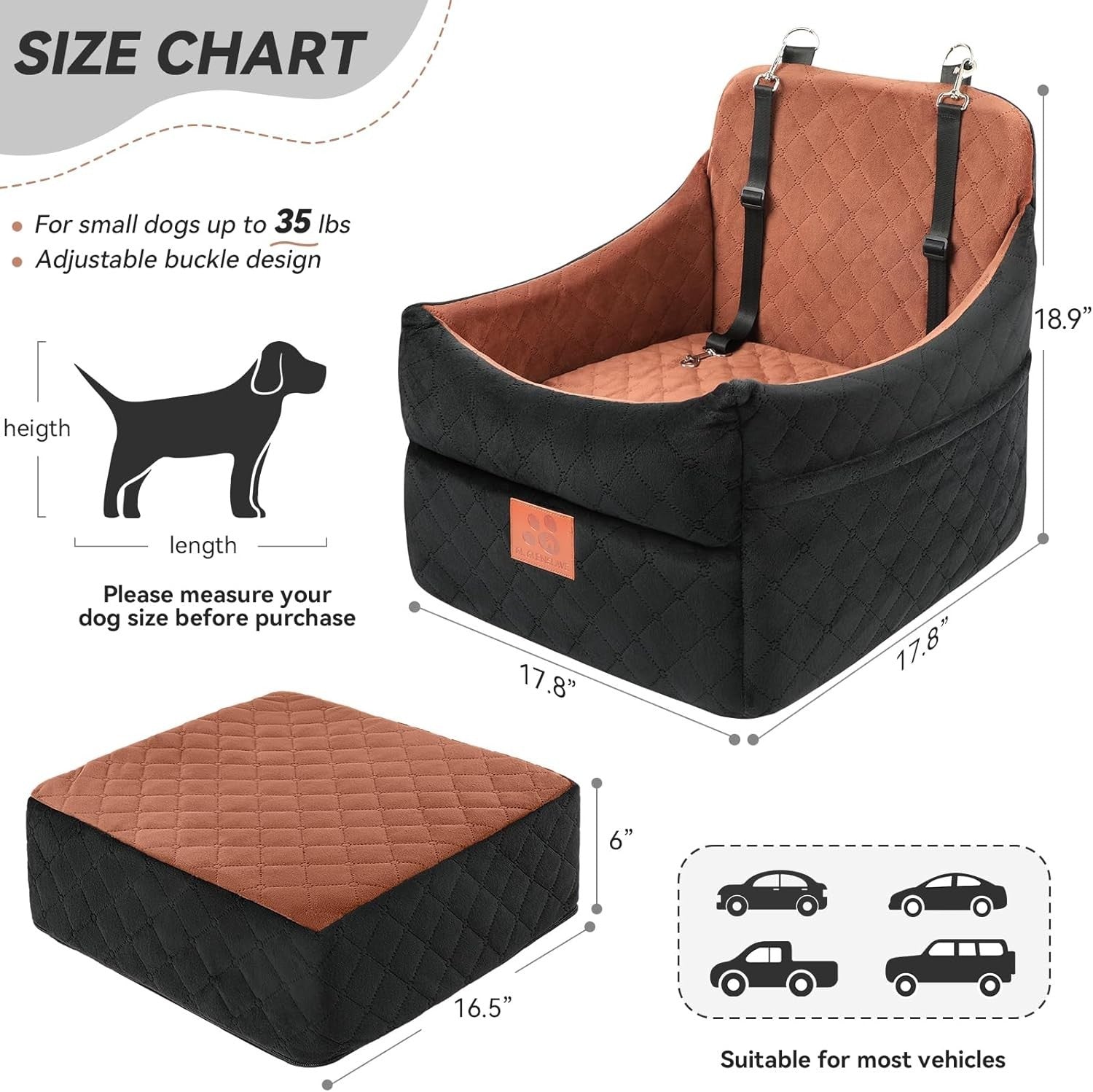 Memory Foam Dog Car Booster Seat Washable Travel Bed Up to 35lbs