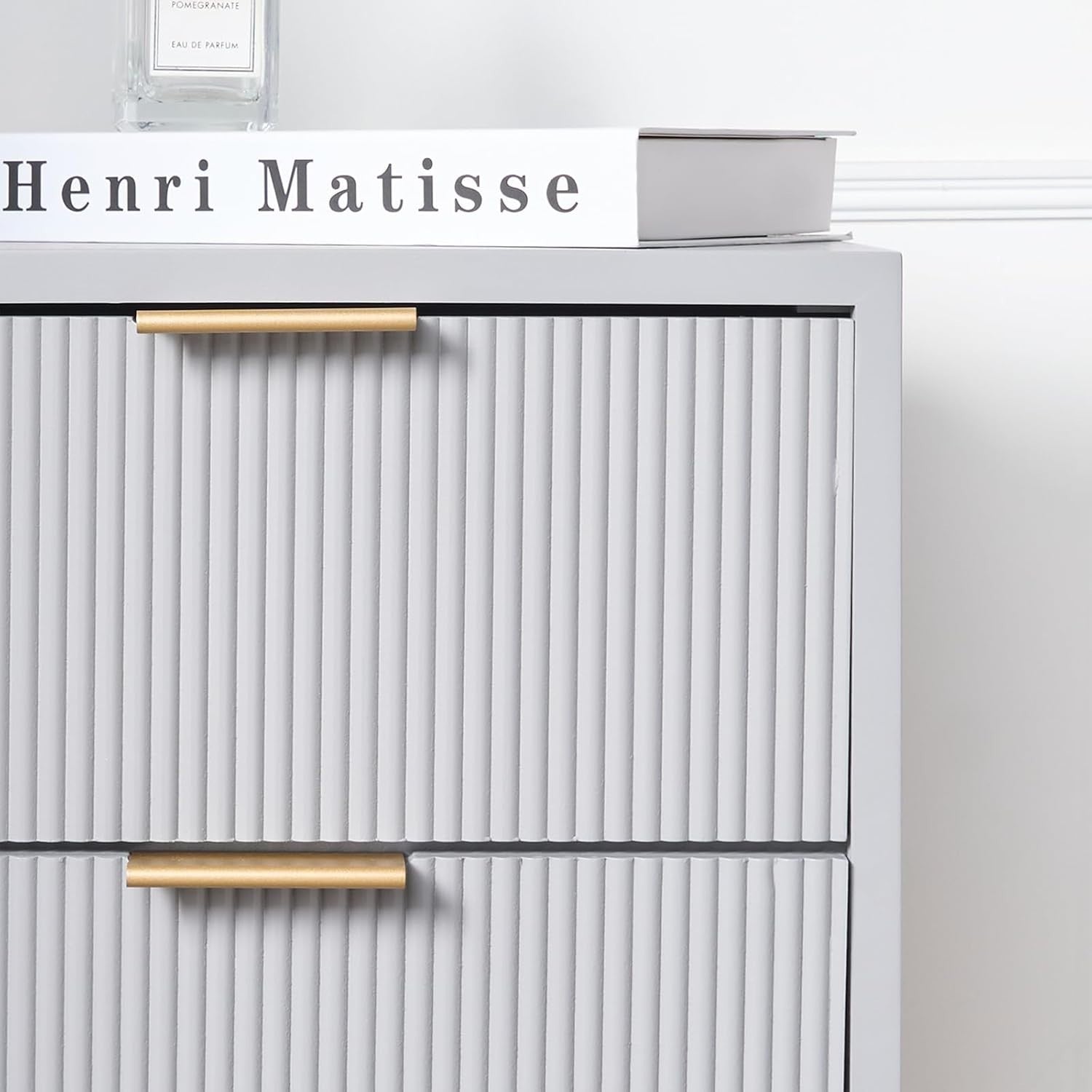 Modern Grey 4 Drawer Bedside Table | Ribbed Wood Nightstand with Gold Legs