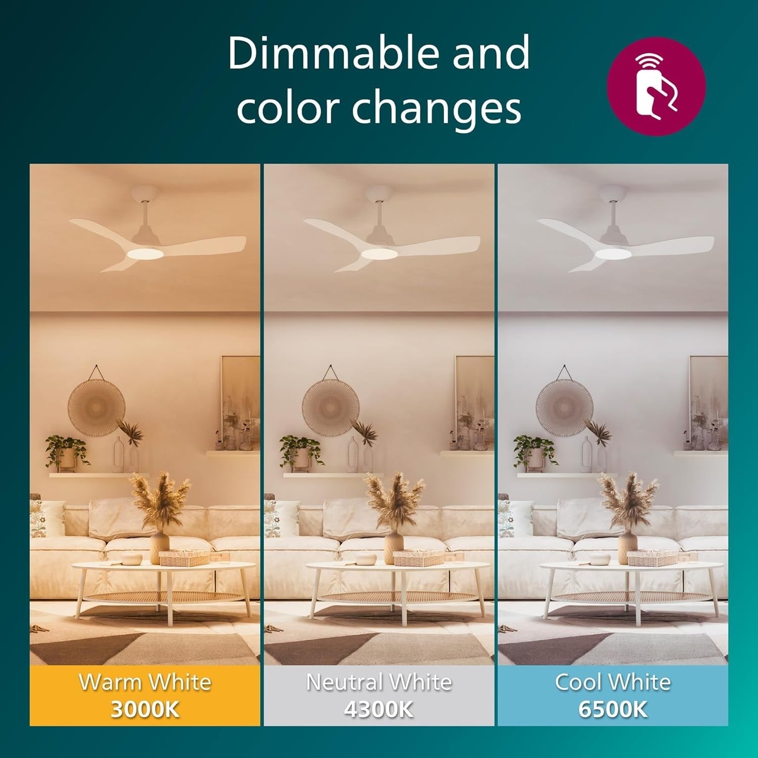 Philips 52" LED Ceiling Fan, 3 Color Temps, Dimming, DC Motor, Remote