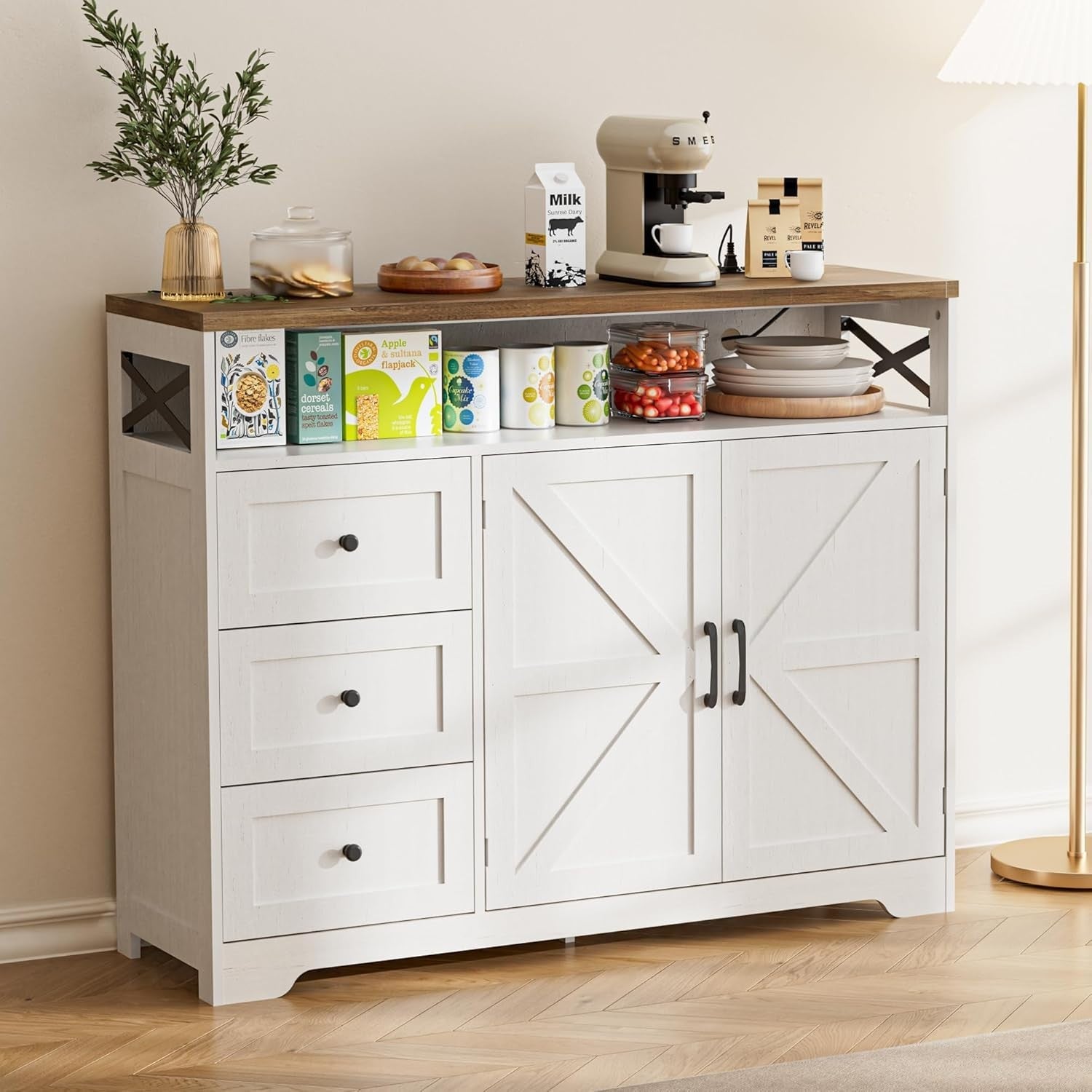 White Sideboard Cabinet 95cm Storage Unit Drawers Adjustable Shelf Charging Hub