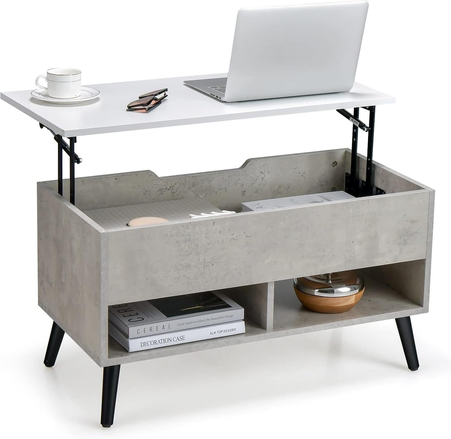 Grey Lift Top Coffee Table with Storage & Shelves – Adjustable, 80cm Modern