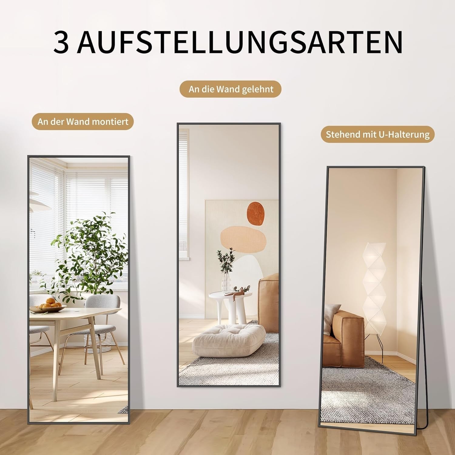 Full Length Black Mirror 147x44cm Freestanding & Wall Mount Bedroom Use