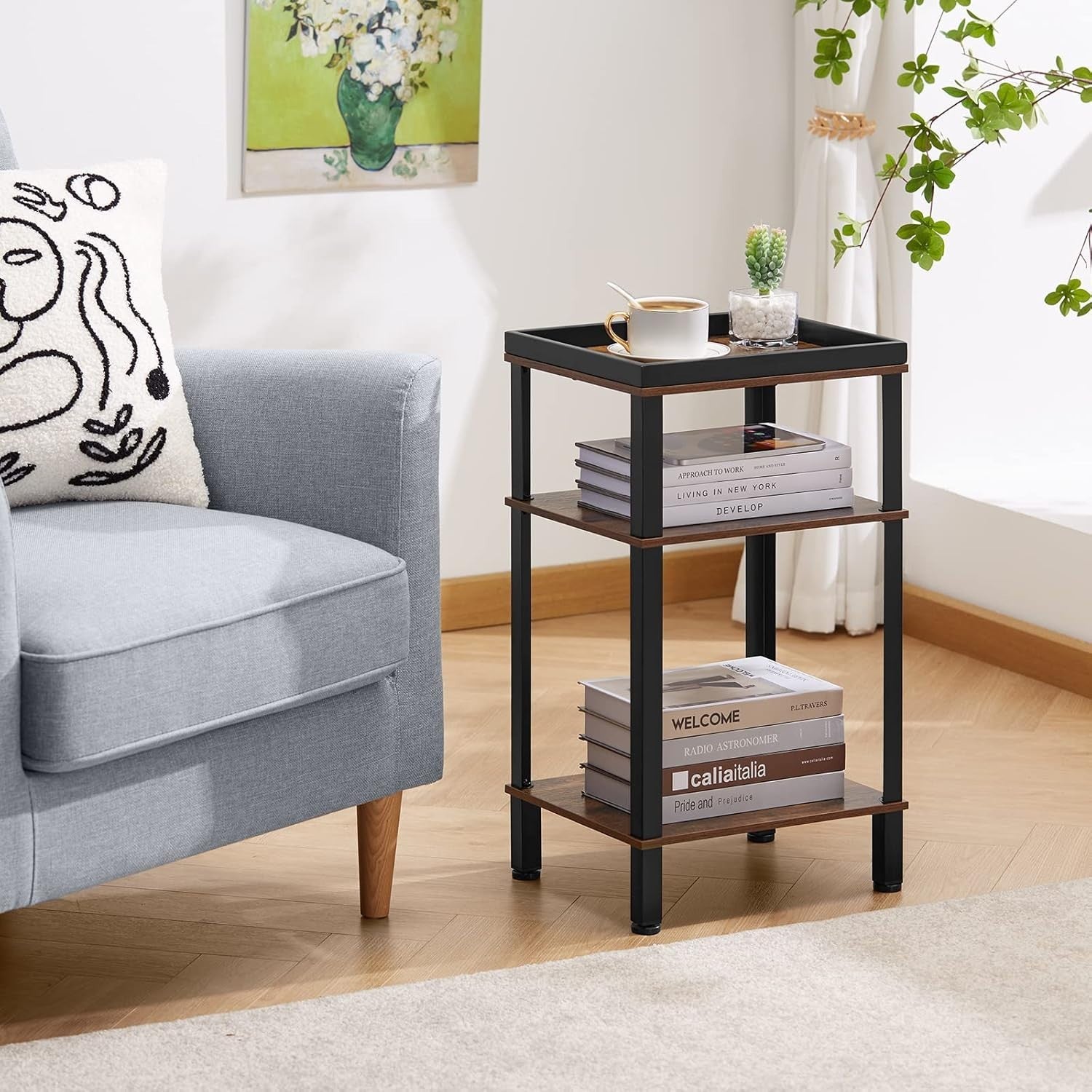 Slim 3-Tier Side Table Narrow End Table with Metal Tray & Wood Shelves