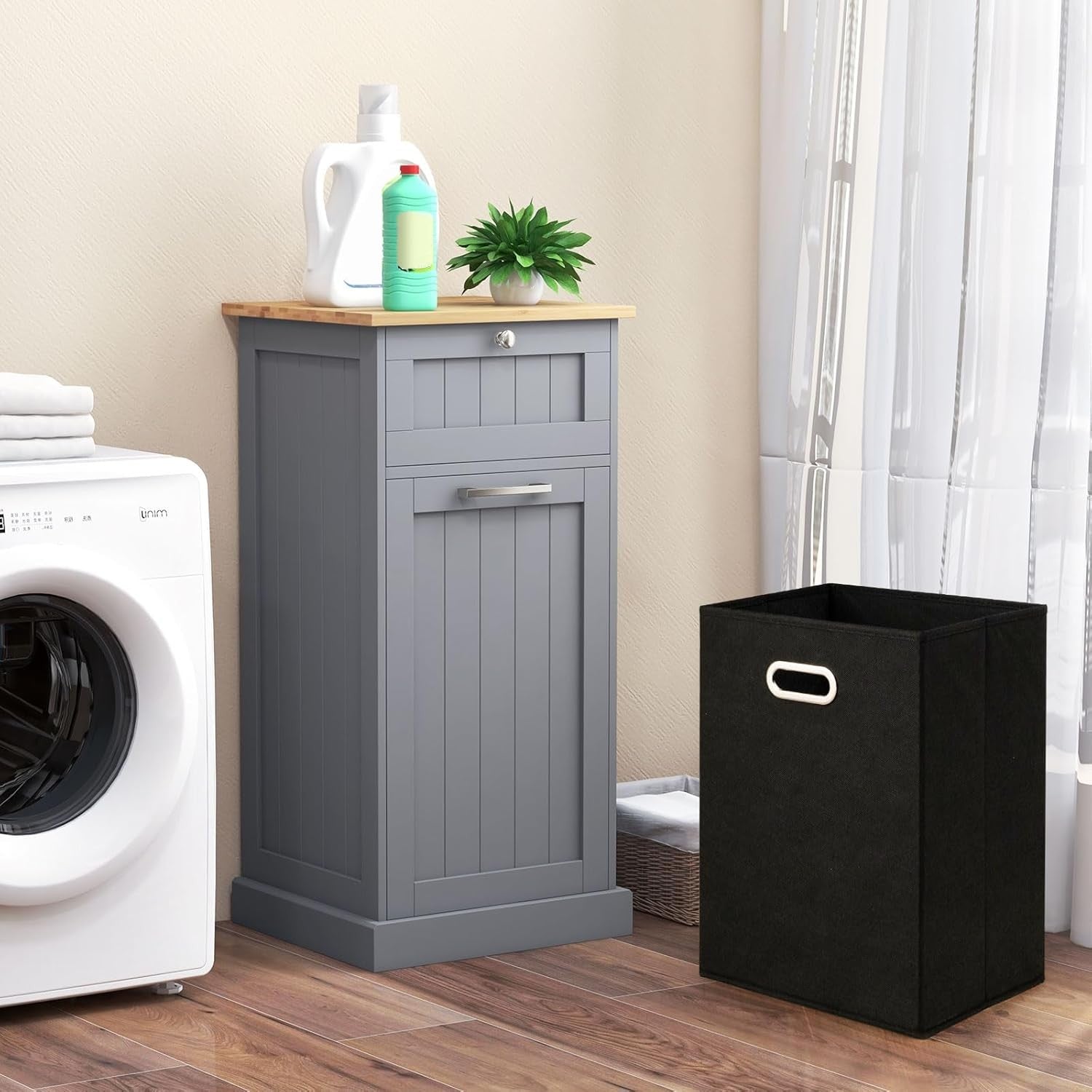 Tilt-Out Laundry Cabinet with Drawer & Removable Bin | Freestanding Bathroom Ham