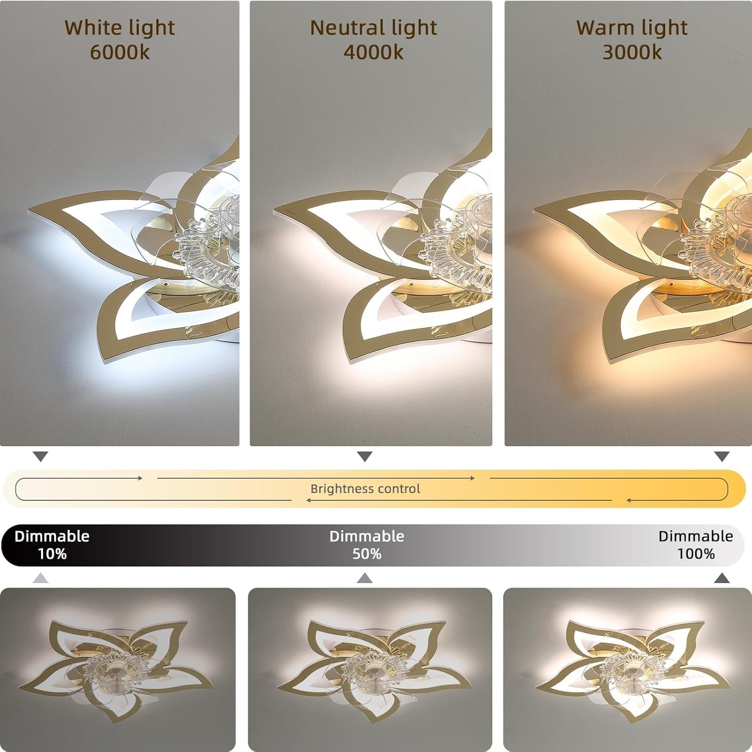 69CM Ceiling Fan Light, 6 Speeds, Dimmable LED, Remote, Gold, Bedroom/Living