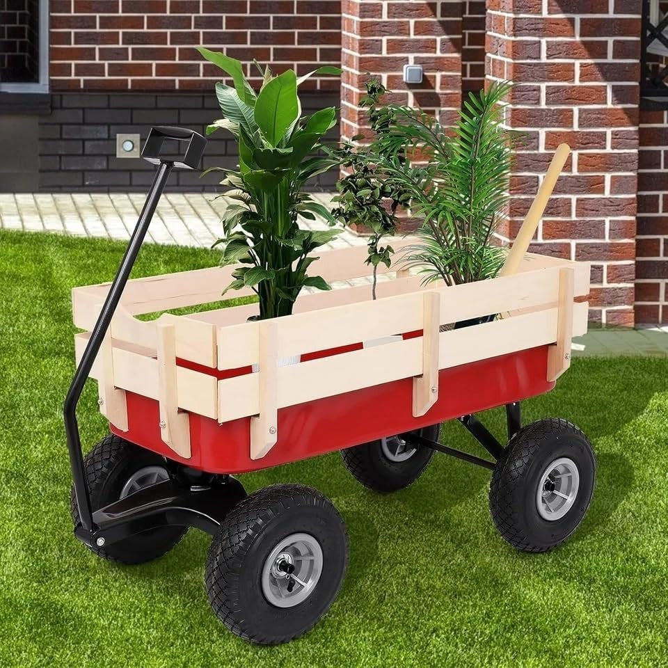 Heavy Duty Garden Utility Wagon Cart | Outdoor Pull Trolley w/ 4 Wheels & Steel