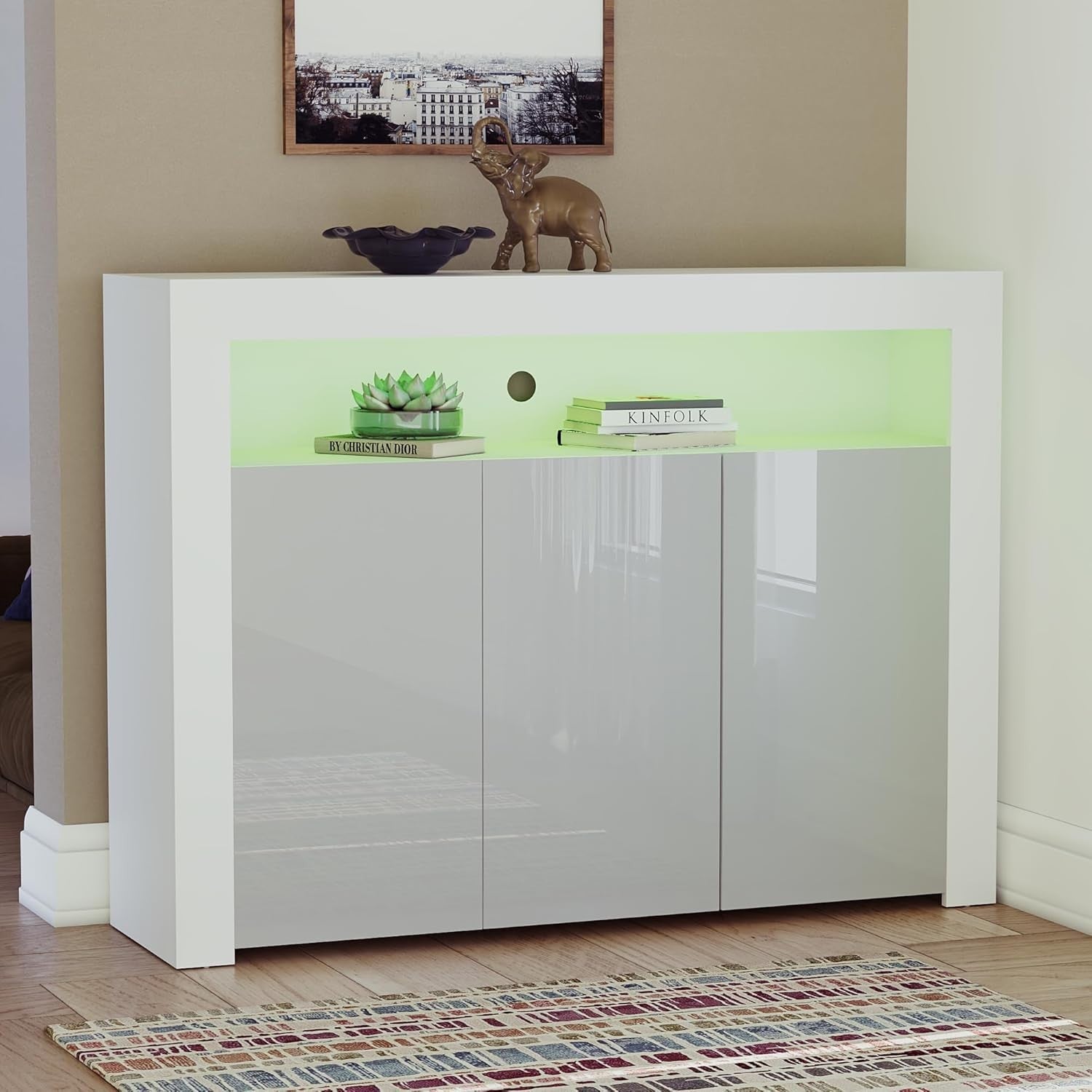 Modern White & Grey LED Sideboard 3 Doors 3 Drawers RGB Lighting Storage Cabinet