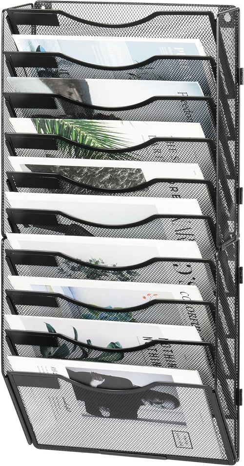 Wall-Mounted 10-Pocket Metal Desk Organizer | Vertical File & Magazine Rack