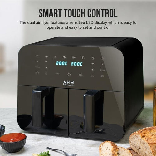 9L Dual Basket Air Fryer Smart Touch 8 Presets Window Sync Cook 200°C Black