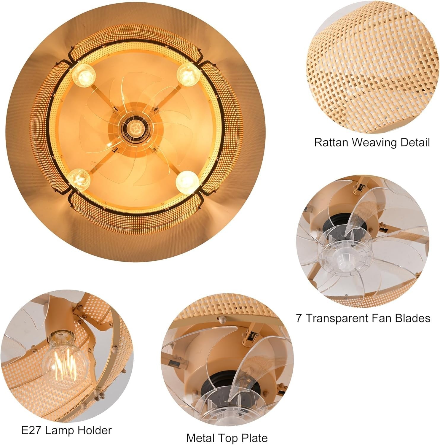 Boho Rattan Ceiling Fan Light 53CM, 6-Speed, APP, Remote, E27