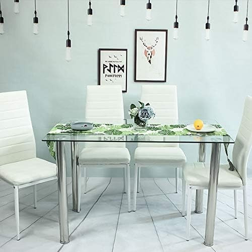 Rectangular Glass Dining Table with 4 White PU Leather High-Back Chairs