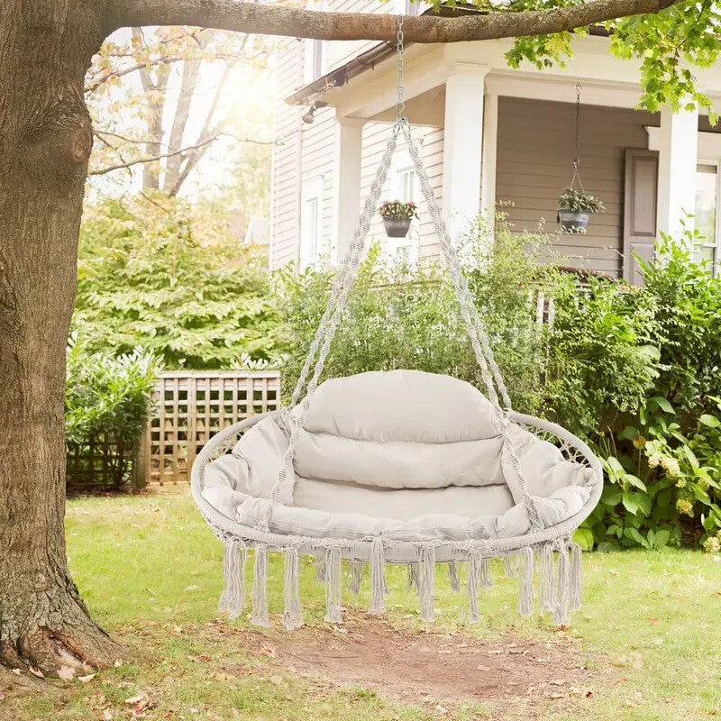 Rope Hanging Chair with Cushion & Folding Frame – 150kg Indoor Outdoor