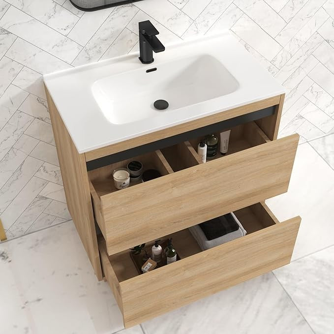 800mm Oak Floor Standing Vanity Unit with Basin Sink 2 Drawer Bathroom Cabinet