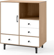 Modern 4 Drawer Sideboard Cabinet White & Natural with Open Shelf & Anti-Tip