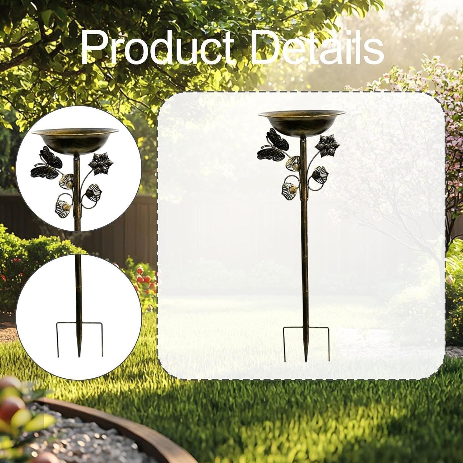 Gold Metal Bird Bath Feeder Bowl Garden Outdoor Decor with Prong Base Stand