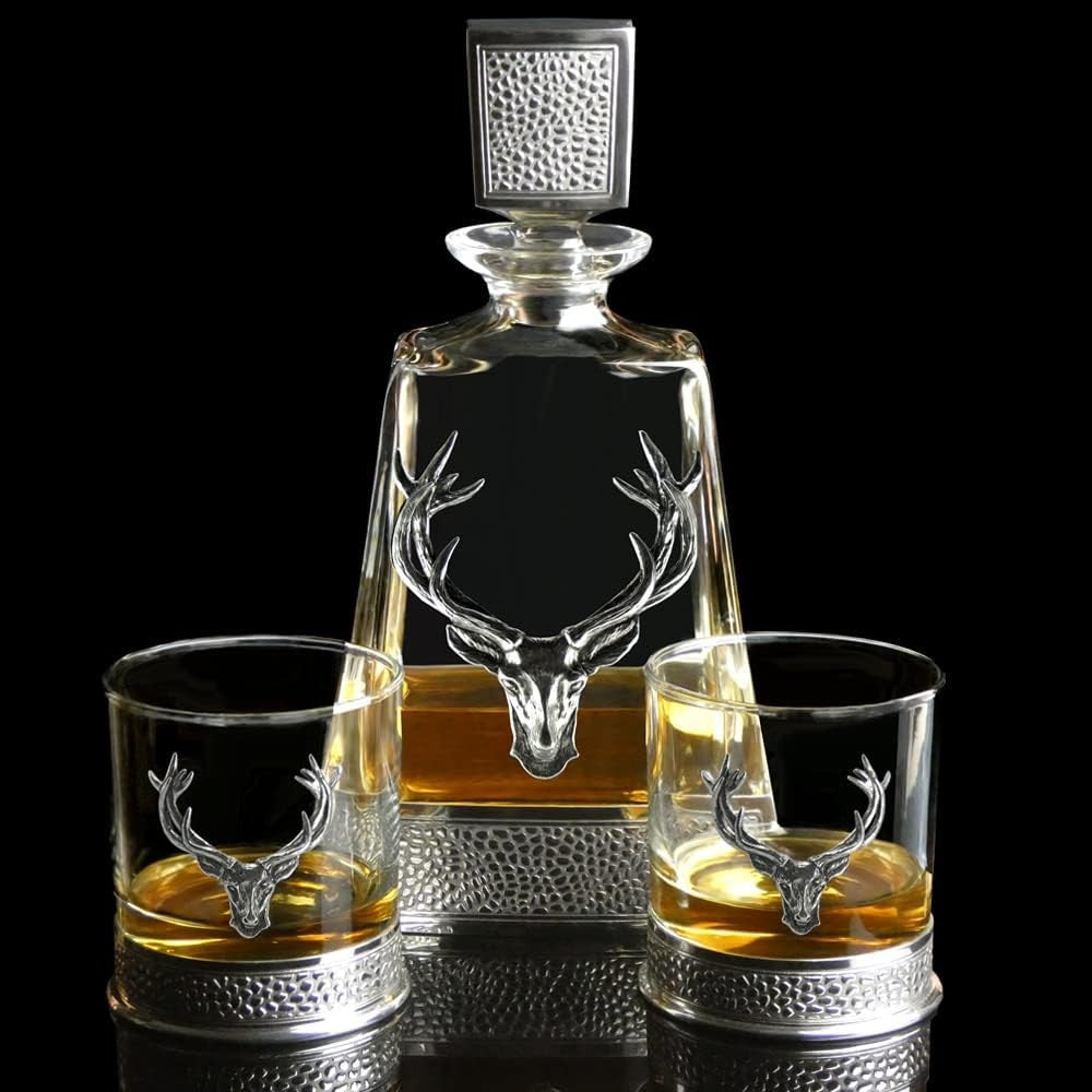 Luxury 650ml Stag Head Whiskey Decanter – Crystal Glass with Pewter Base & Lid