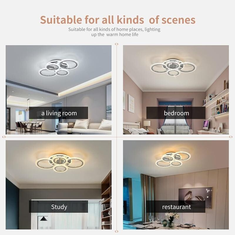 Modern 4-Ring LED Ceiling Light 58W Dimmable Remote Chrome Flush Mount